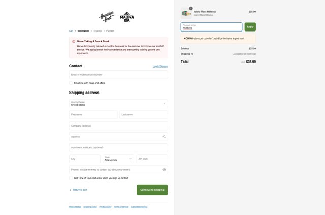 Hawaiian Host checkout page showing Hawaiian Host coupon code box | Screenshot taken by SimplyCodes community member on May 18, 2025