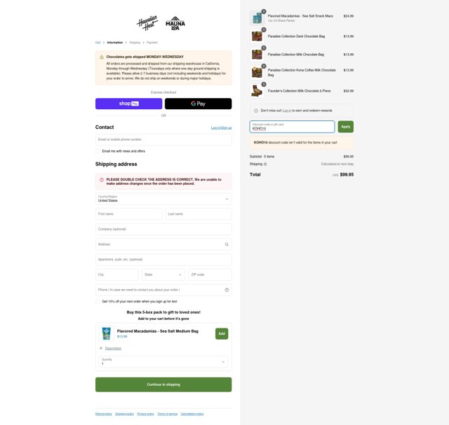 Hawaiian Host checkout page showing Hawaiian Host coupon code box | Screenshot taken by SimplyCodes community member on Apr 9, 2025