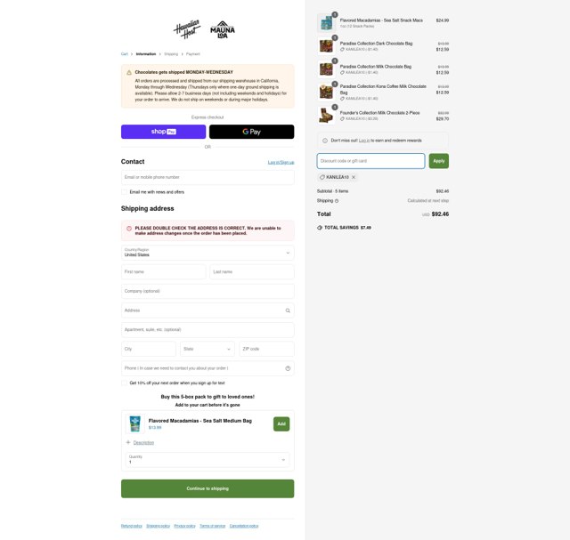 Hawaiian Host checkout page showing Hawaiian Host coupon code box | Screenshot taken by SimplyCodes community member on Apr 9, 2025