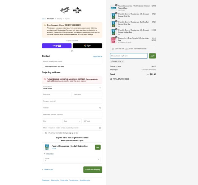 Hawaiian Host checkout page showing Hawaiian Host coupon code box | Screenshot taken by SimplyCodes community member on Apr 1, 2025