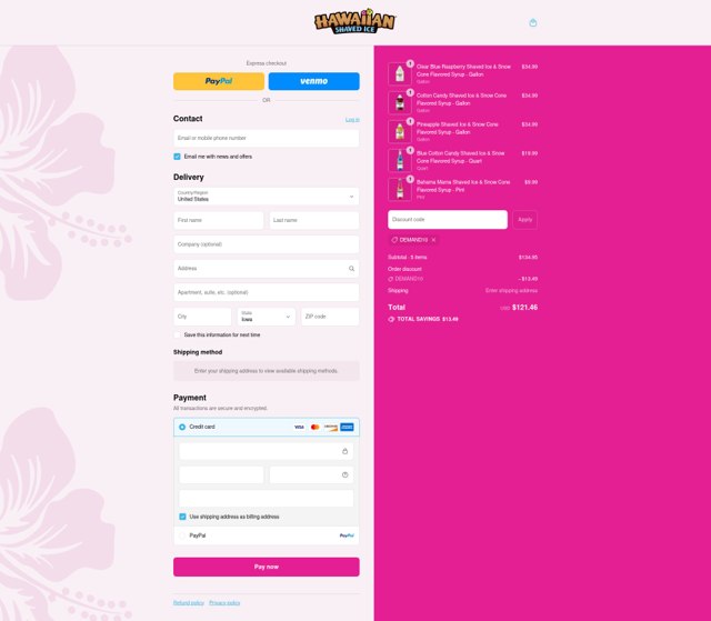Hawaiian Shaved Ice checkout page showing Hawaiian Shaved Ice discount code box | Screenshot taken by SimplyCodes community member on Sep 6, 2025