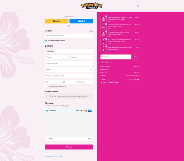 Hawaiian Shaved Ice checkout page showing Hawaiian Shaved Ice discount code box | Screenshot taken by SimplyCodes community member on Sep 6, 2025