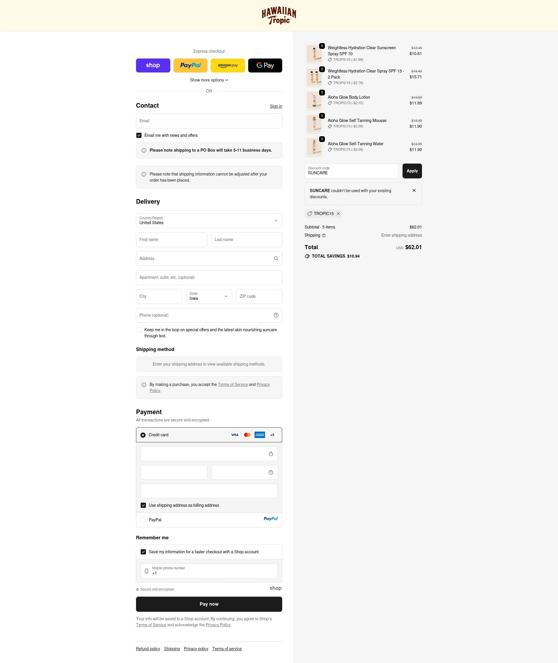 Hawaiian Tropic checkout page showing Hawaiian Tropic discount code box | Screenshot taken by SimplyCodes community member on Oct 19, 2025