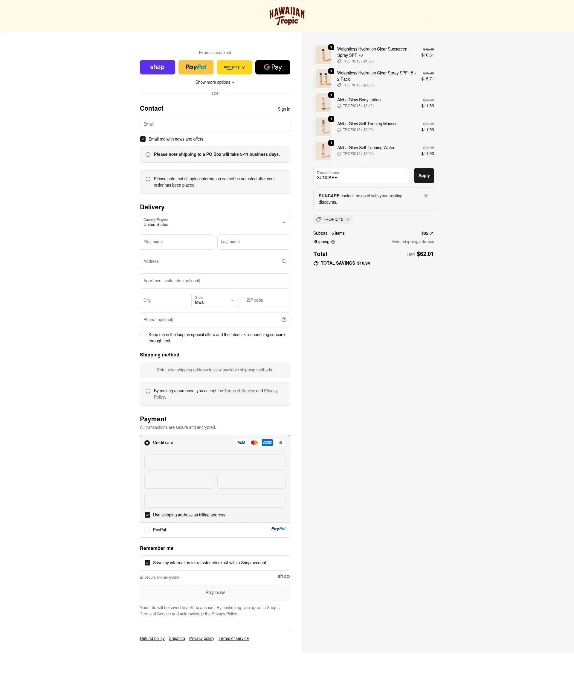 Hawaiian Tropic checkout page showing Hawaiian Tropic discount code box | Screenshot taken by SimplyCodes community member on Oct 23, 2025