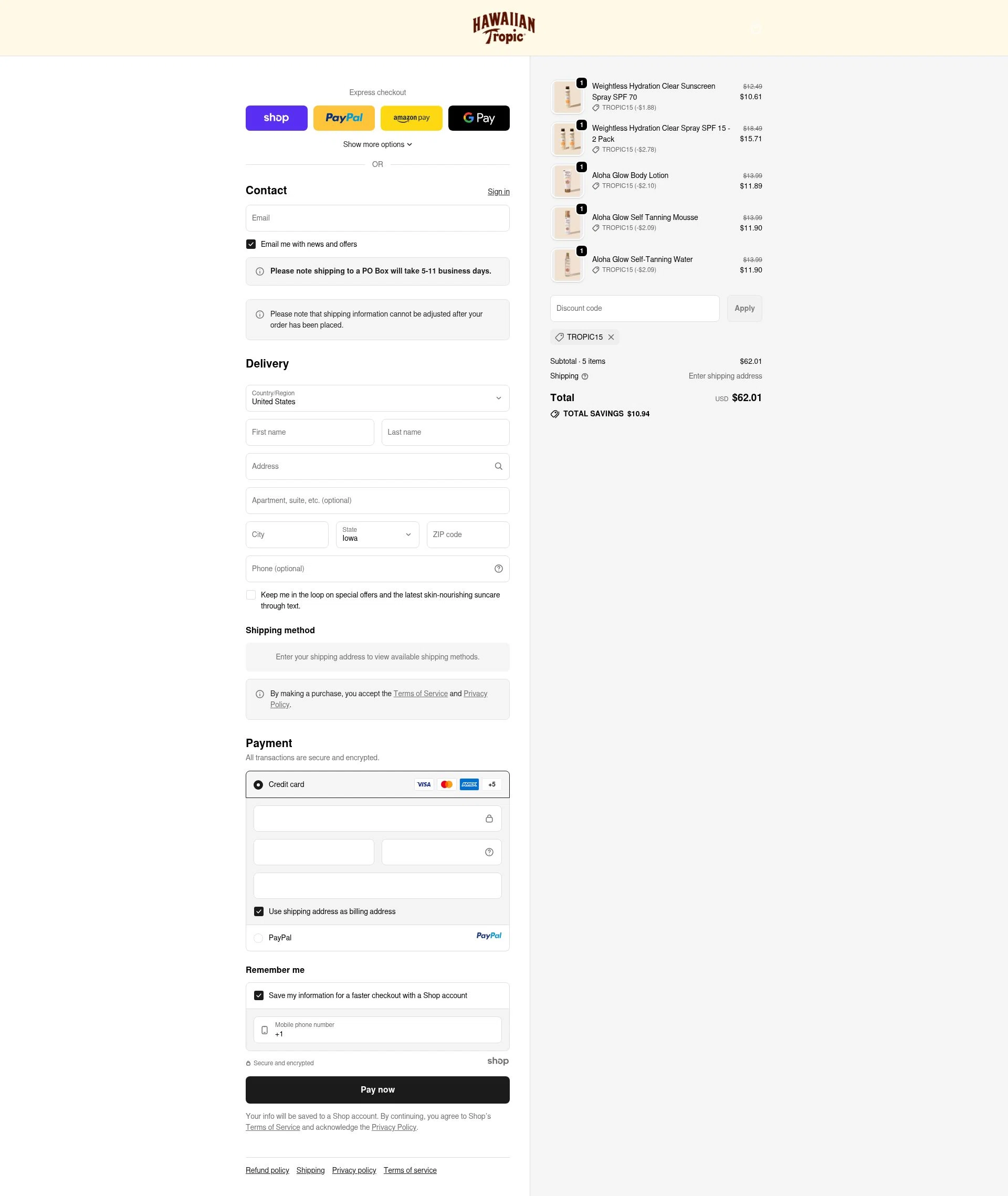 Hawaiian Tropic checkout page showing Hawaiian Tropic discount code box | Screenshot taken by SimplyCodes community member on Oct 11, 2025