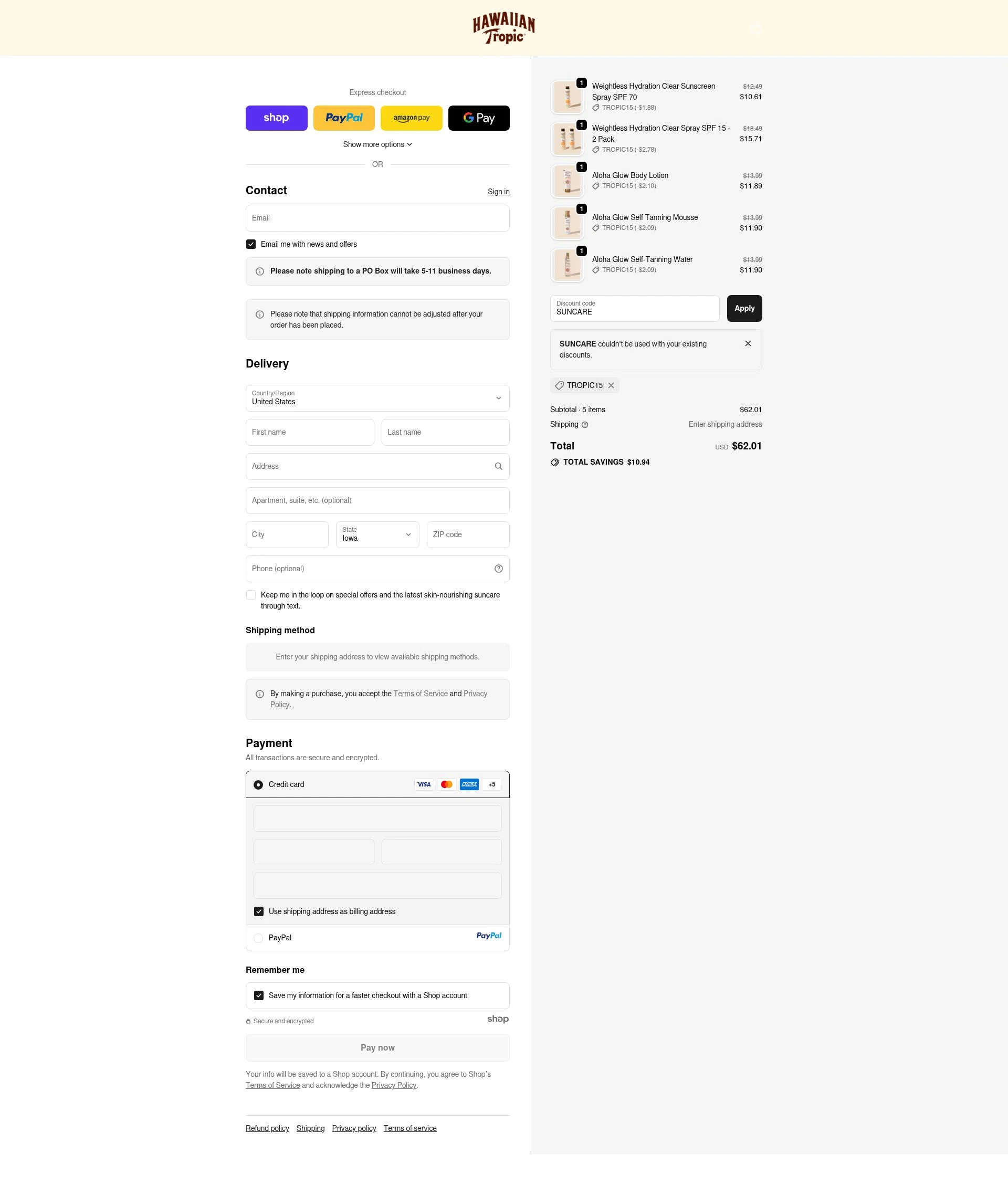 Hawaiian Tropic checkout page showing Hawaiian Tropic discount code box | Screenshot taken by SimplyCodes community member on Oct 3, 2025