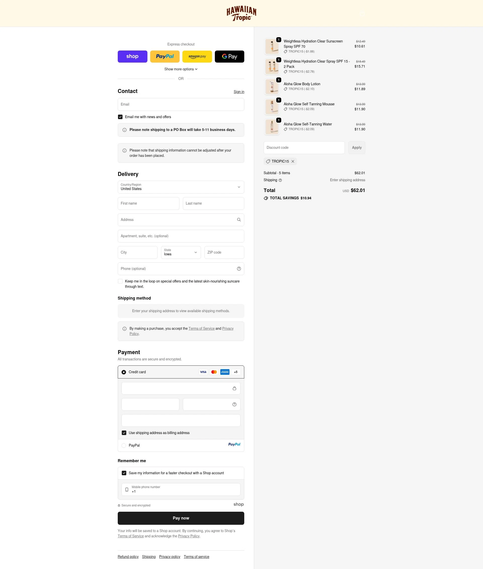 Hawaiian Tropic checkout page showing Hawaiian Tropic discount code box | Screenshot taken by SimplyCodes community member on Oct 23, 2025