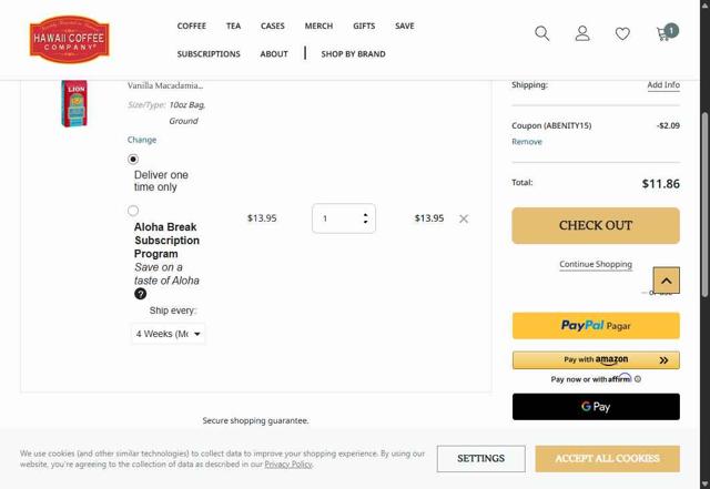 Hawaii Coffee Company checkout page showing Hawaii Coffee Company promo code box | Screenshot taken by SimplyCodes community member on Jul 31, 2025