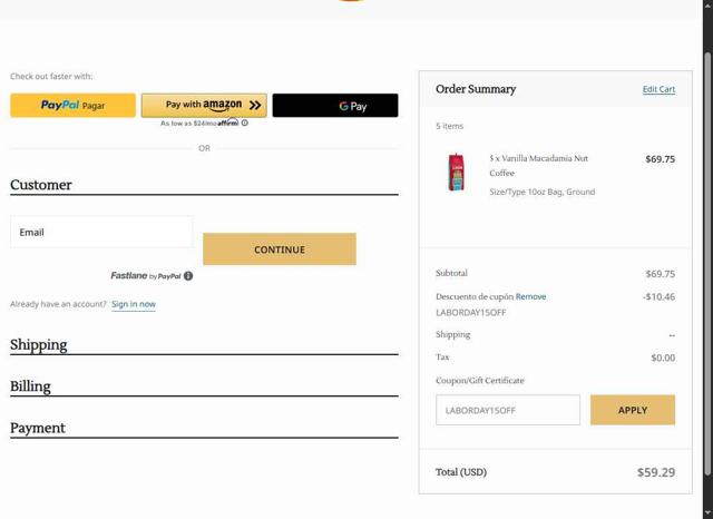 Hawaii Coffee Company checkout page showing Hawaii Coffee Company promo code box | Screenshot taken by SimplyCodes community member on Aug 27, 2025