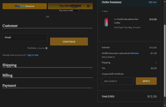 Hawaii Coffee Company checkout page showing Hawaii Coffee Company promo code box | Screenshot taken by SimplyCodes community member on Aug 4, 2025