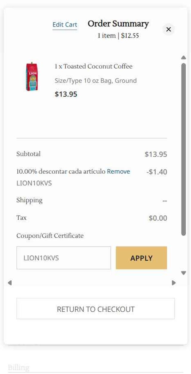 Hawaii Coffee Company checkout page showing Hawaii Coffee Company promo code box | Screenshot taken by SimplyCodes community member on Aug 16, 2025