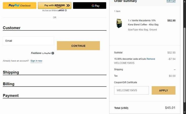 Hawaii Coffee Company checkout page showing Hawaii Coffee Company promo code box | Screenshot taken by SimplyCodes community member on Jul 31, 2025