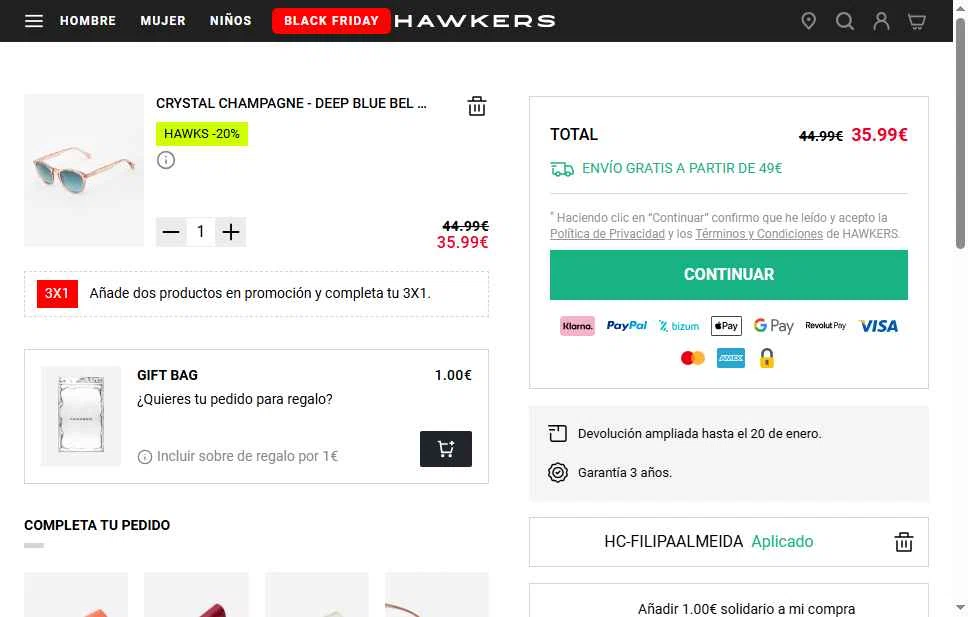 Hawkers Co. checkout page showing Hawkers Co. discount code box | Screenshot taken by SimplyCodes community member on Nov 30, 2025