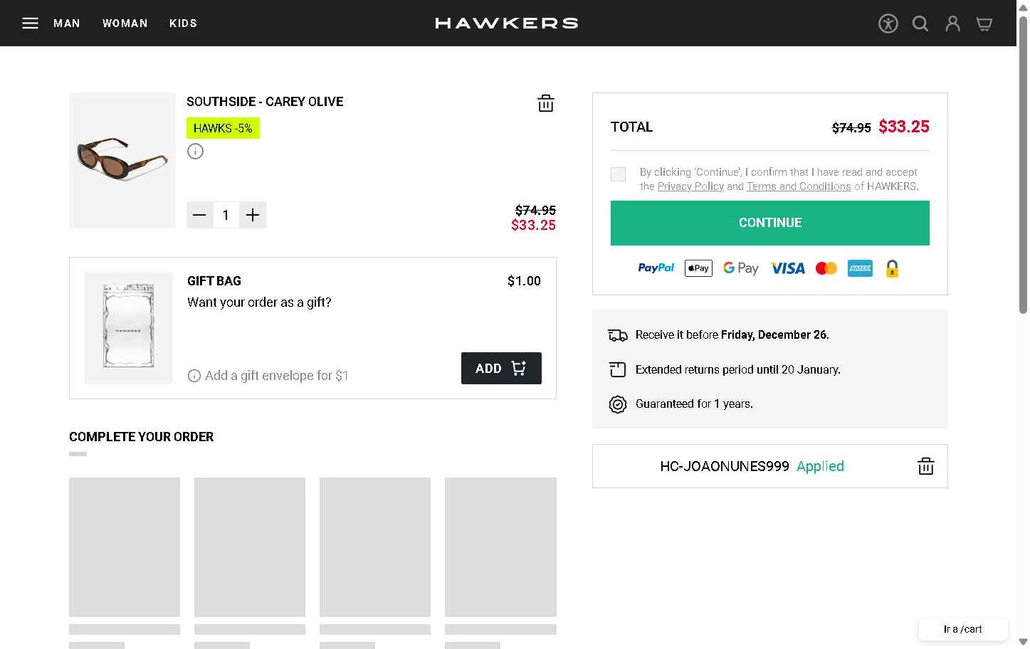 Hawkers Co. checkout page showing Hawkers Co. discount code box | Screenshot taken by SimplyCodes community member on Dec 19, 2025