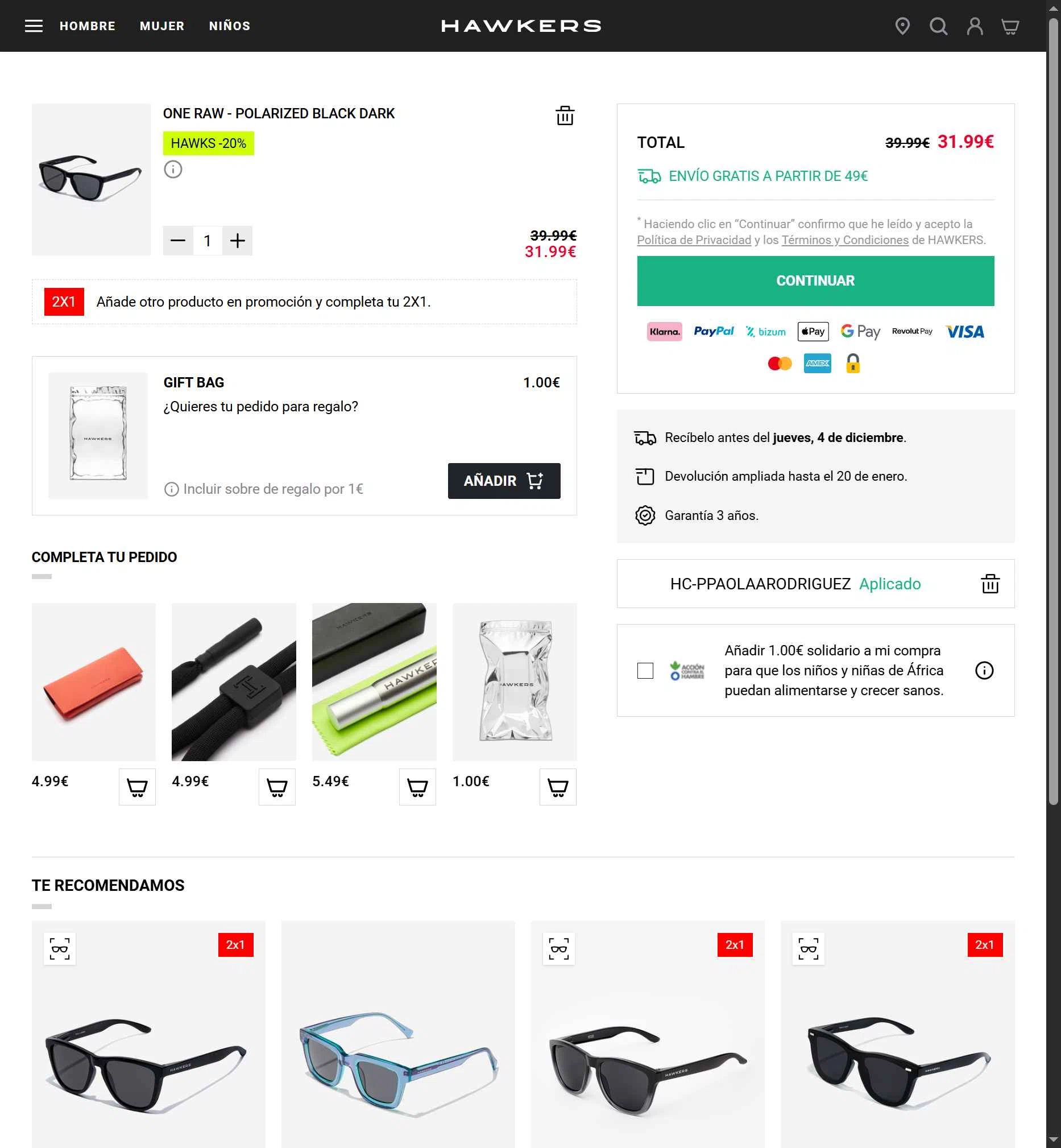 Hawkers Co. checkout page showing Hawkers Co. discount code box | Screenshot taken by SimplyCodes community member on Dec 2, 2025