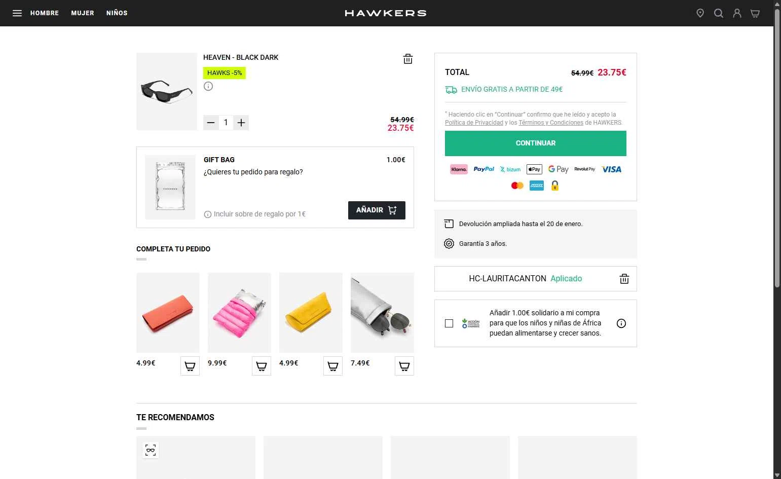 Hawkers Co. checkout page showing Hawkers Co. discount code box | Screenshot taken by SimplyCodes community member on Dec 16, 2025
