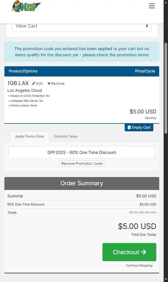 Hawk Host checkout page showing Hawk Host promo code box | Screenshot taken by SimplyCodes community member on Oct 26, 2025