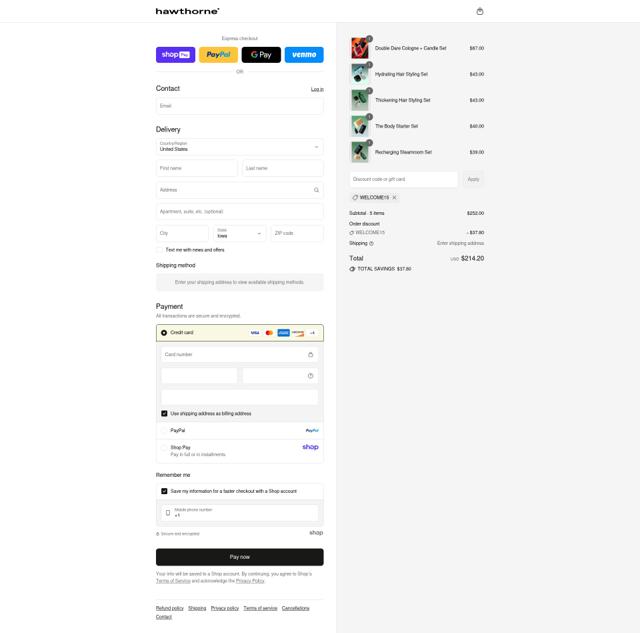 Hawthorne checkout page showing Hawthorne promo code box | Screenshot taken by SimplyCodes community member on Aug 15, 2025