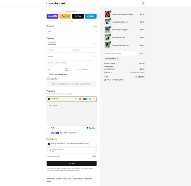 Hawthorne checkout page showing Hawthorne promo code box | Screenshot taken by SimplyCodes community member on Aug 8, 2025