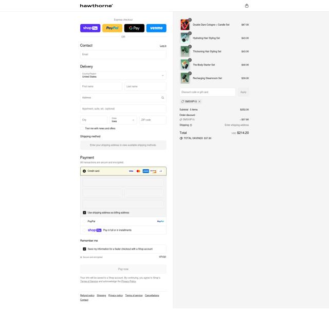Hawthorne checkout page showing Hawthorne promo code box | Screenshot taken by SimplyCodes community member on Aug 12, 2025