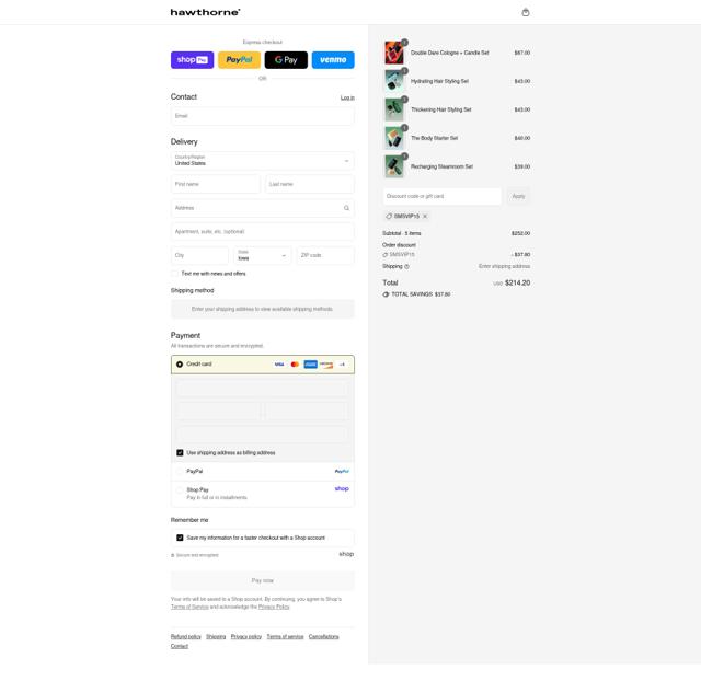 Hawthorne checkout page showing Hawthorne promo code box | Screenshot taken by SimplyCodes community member on Aug 16, 2025