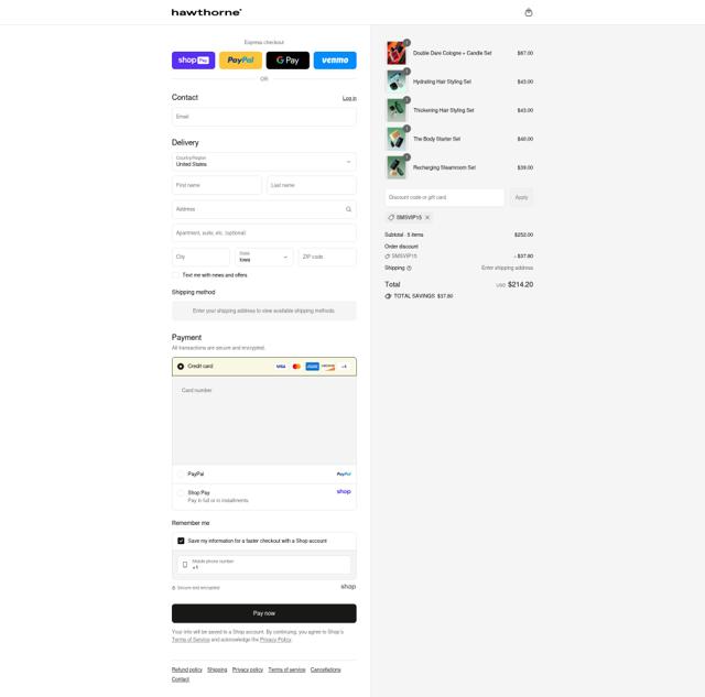 Hawthorne checkout page showing Hawthorne promo code box | Screenshot taken by SimplyCodes community member on Aug 16, 2025