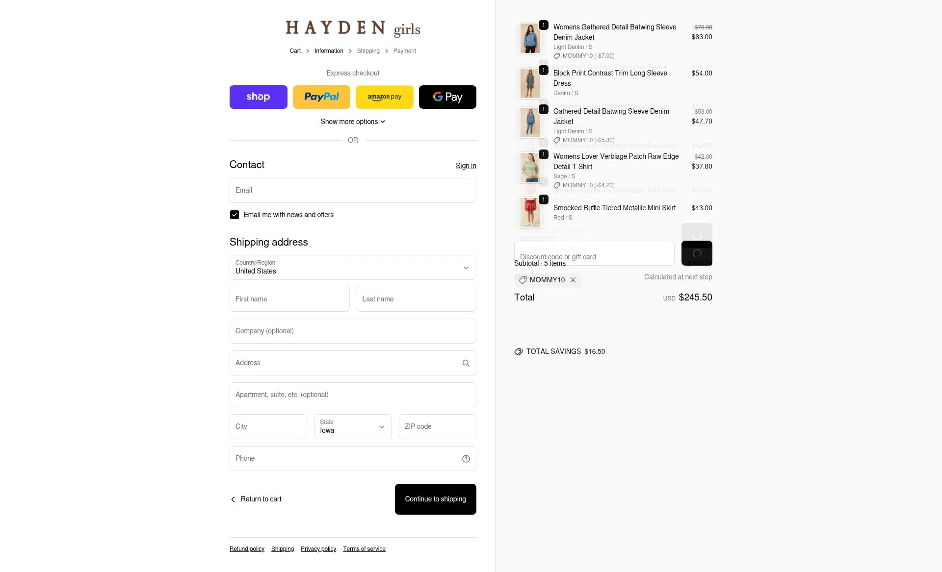 Hayden Girls checkout page showing Hayden Girls promo code box | Screenshot taken by SimplyCodes community member on Feb 10, 2026