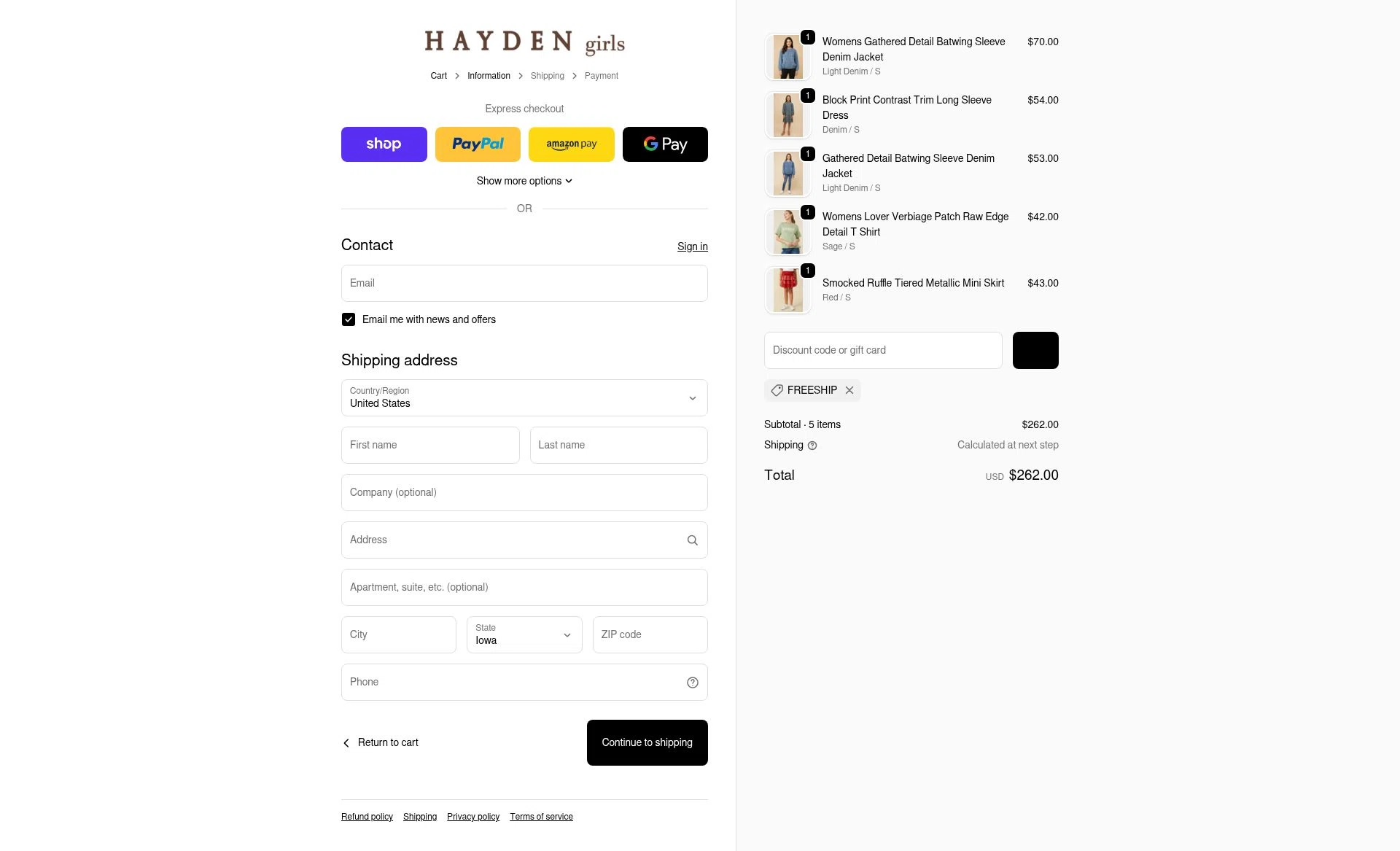 Hayden Girls checkout page showing Hayden Girls promo code box | Screenshot taken by SimplyCodes community member on Feb 19, 2026