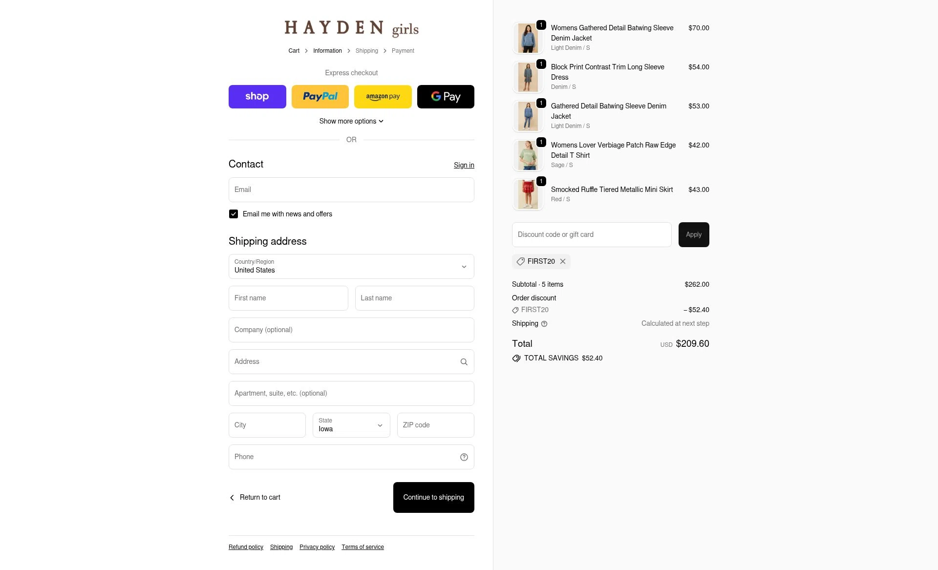 Hayden Girls checkout page showing Hayden Girls promo code box | Screenshot taken by SimplyCodes community member on Feb 19, 2026