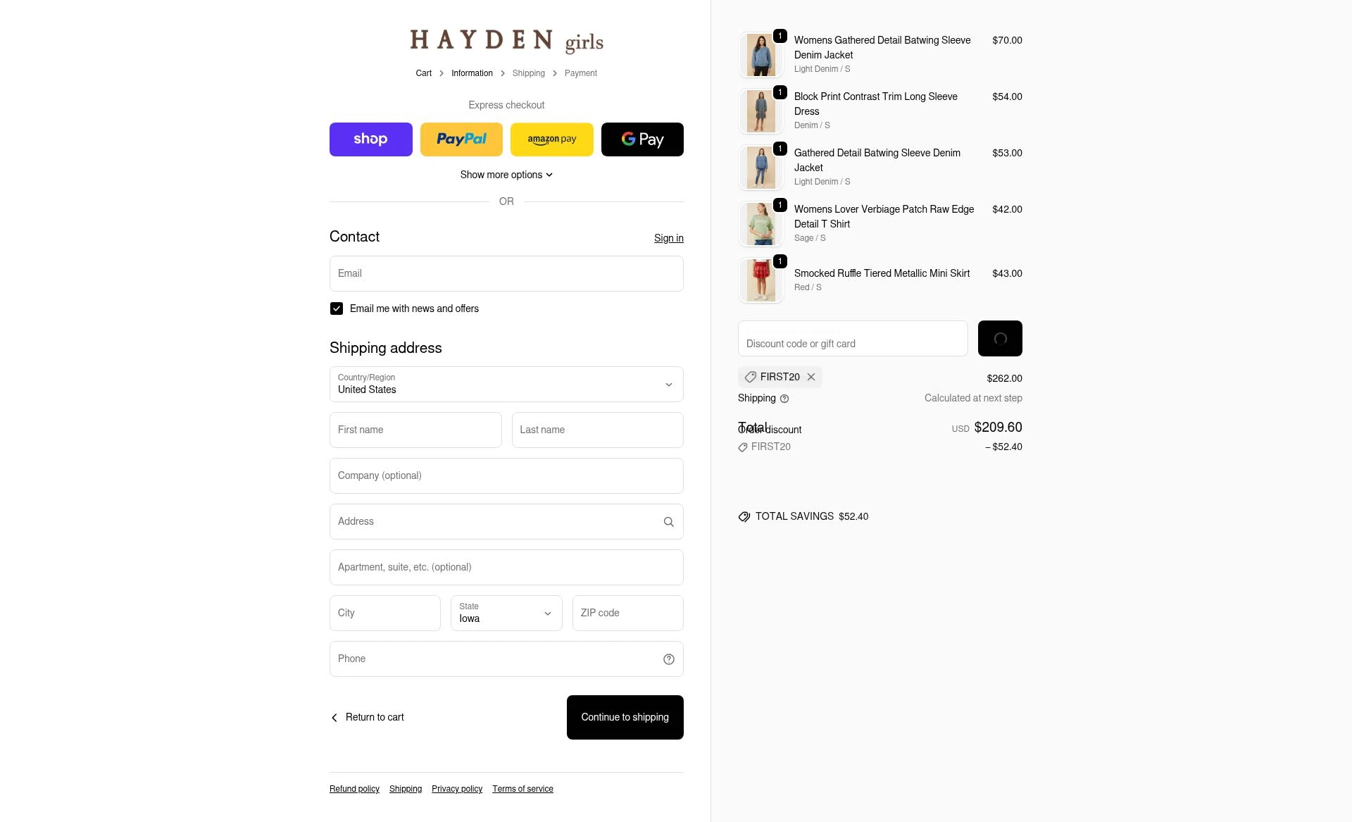 Hayden Girls checkout page showing Hayden Girls promo code box | Screenshot taken by SimplyCodes community member on Feb 14, 2026
