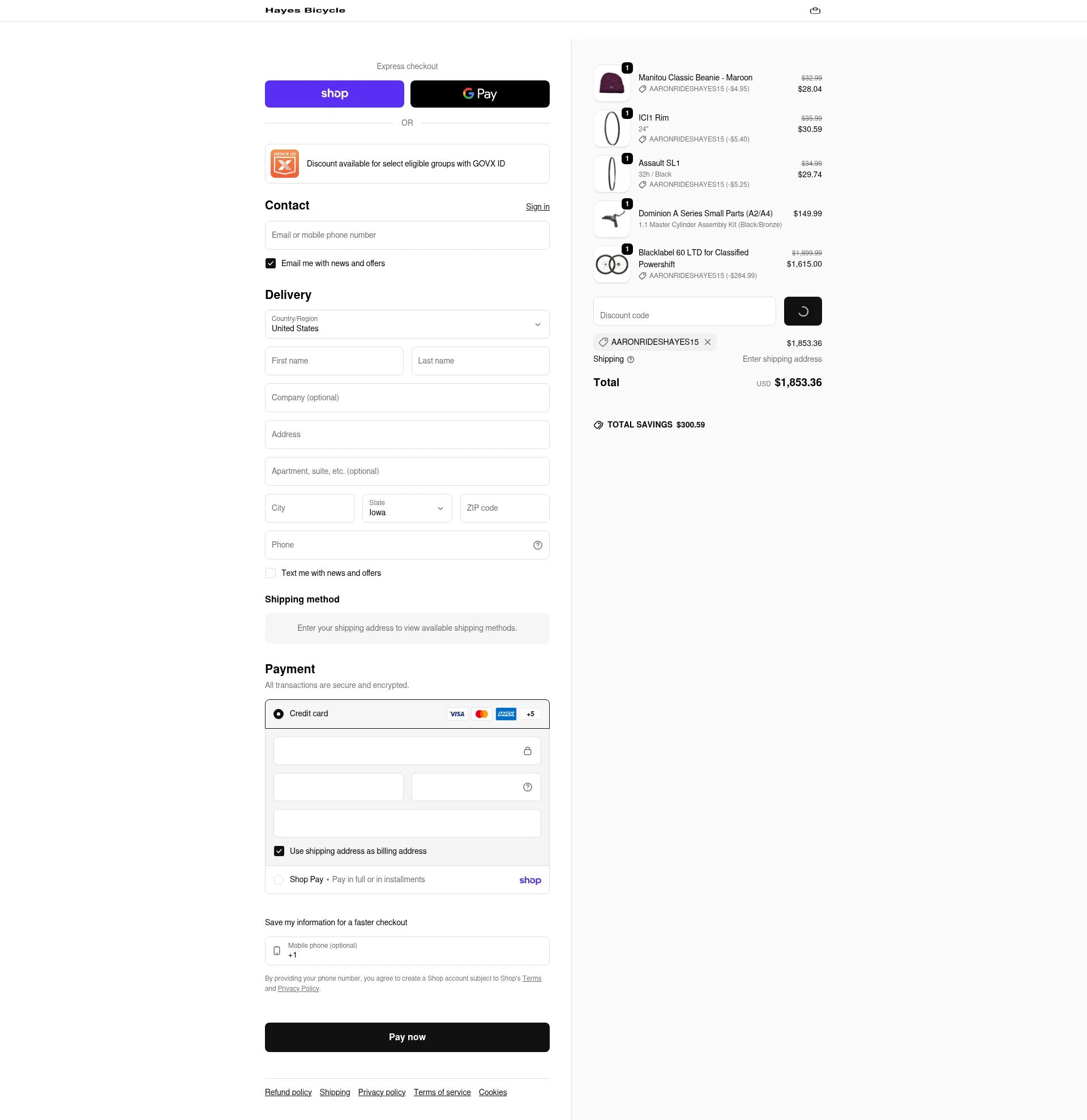 Hayes checkout page showing Hayes discount code box | Screenshot taken by SimplyCodes community member on Feb 10, 2026