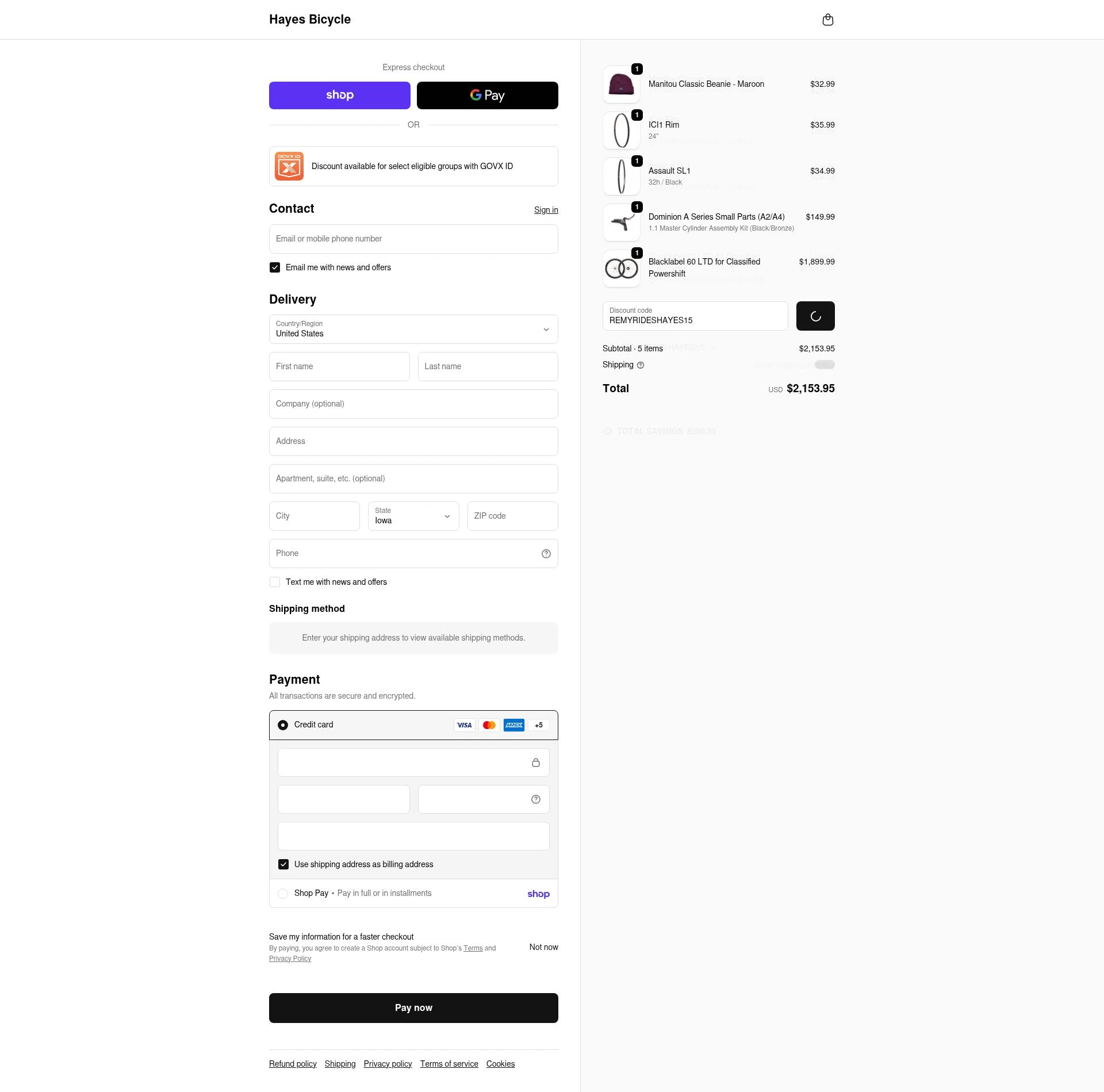 Hayes checkout page showing Hayes discount code box | Screenshot taken by SimplyCodes community member on Feb 19, 2026