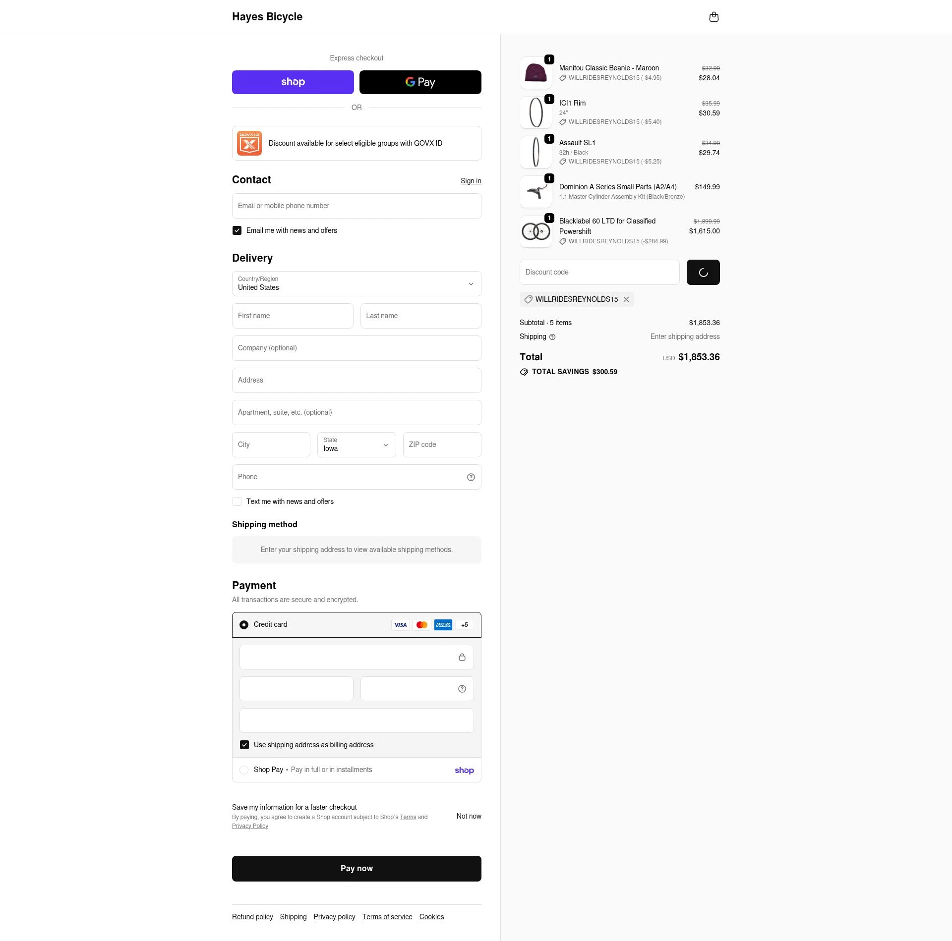 Hayes checkout page showing Hayes discount code box | Screenshot taken by SimplyCodes community member on Feb 19, 2026