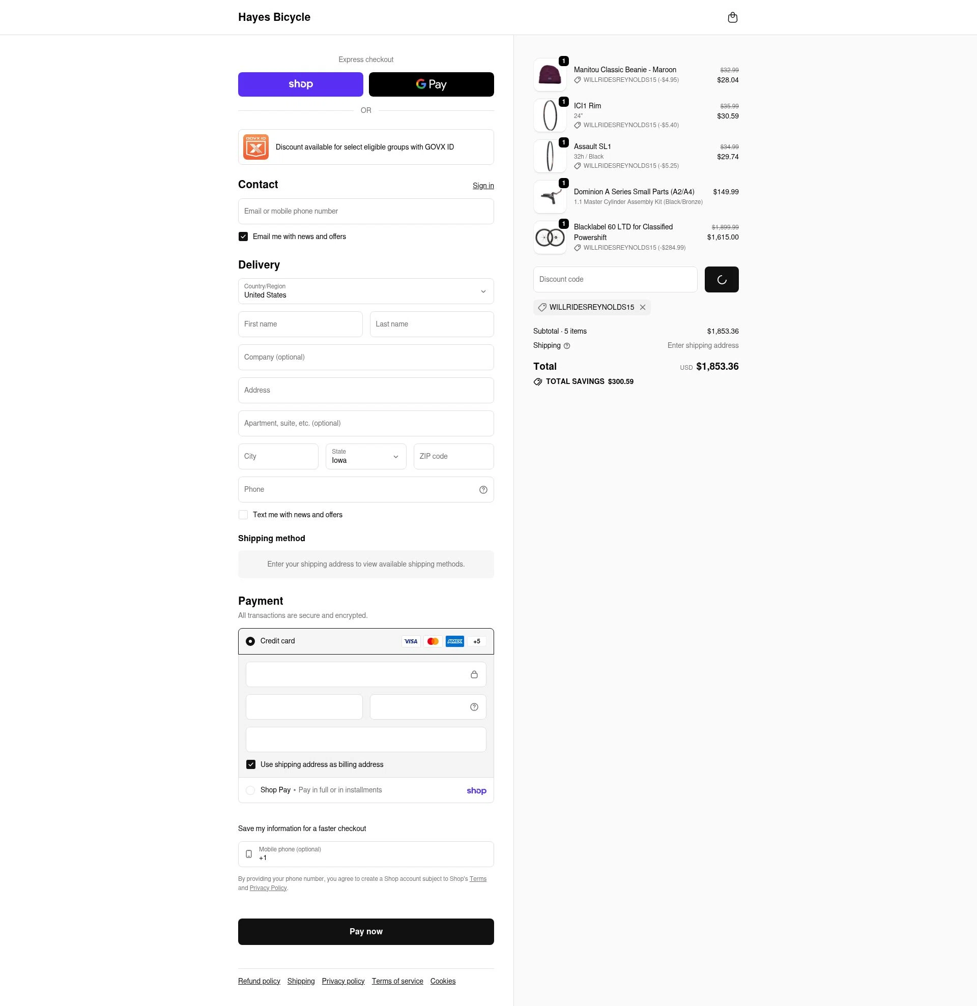 Hayes checkout page showing Hayes discount code box | Screenshot taken by SimplyCodes community member on Feb 14, 2026