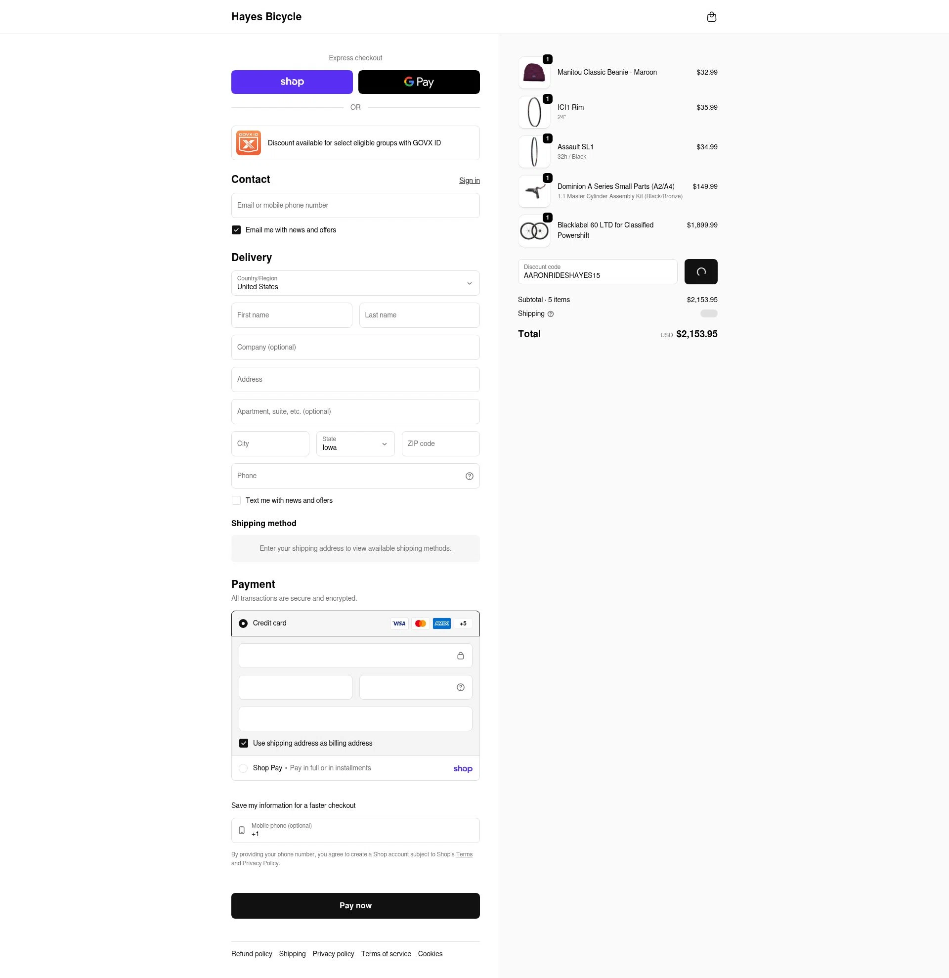Hayes checkout page showing Hayes discount code box | Screenshot taken by SimplyCodes community member on Feb 14, 2026