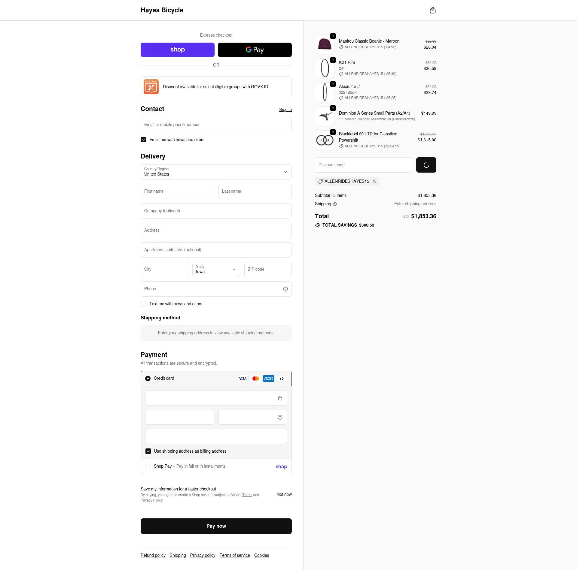 Hayes checkout page showing Hayes discount code box | Screenshot taken by SimplyCodes community member on Feb 19, 2026