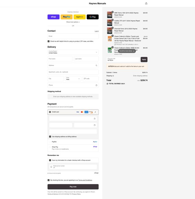 Haynes checkout page showing Haynes coupon code box | Screenshot taken by SimplyCodes community member on Sep 6, 2025