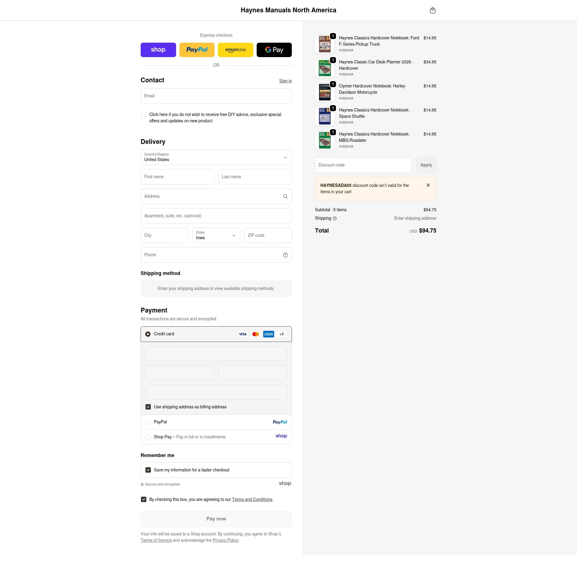 Haynes checkout page showing Haynes coupon code box | Screenshot taken by SimplyCodes community member on Dec 16, 2025