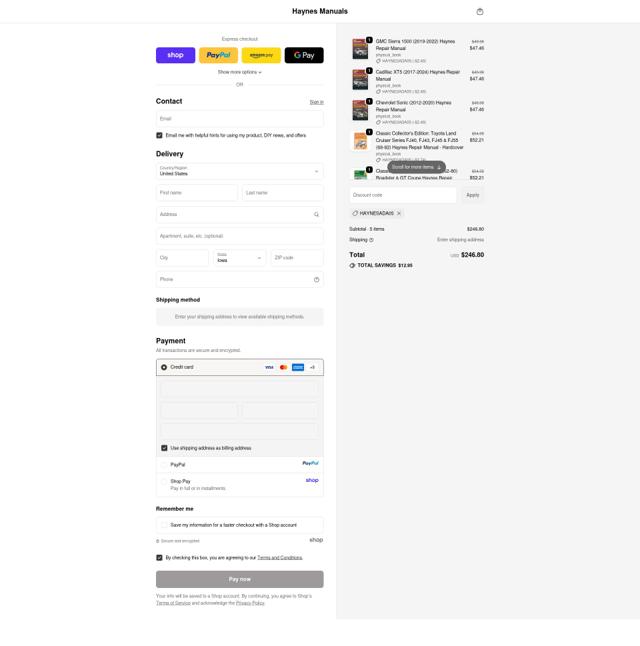 Haynes checkout page showing Haynes coupon code box | Screenshot taken by SimplyCodes community member on Sep 21, 2025