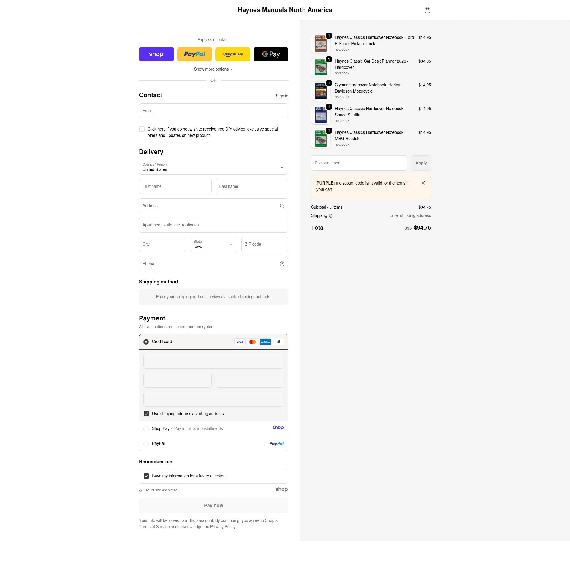 Haynes checkout page showing Haynes coupon code box | Screenshot taken by SimplyCodes community member on Dec 18, 2025