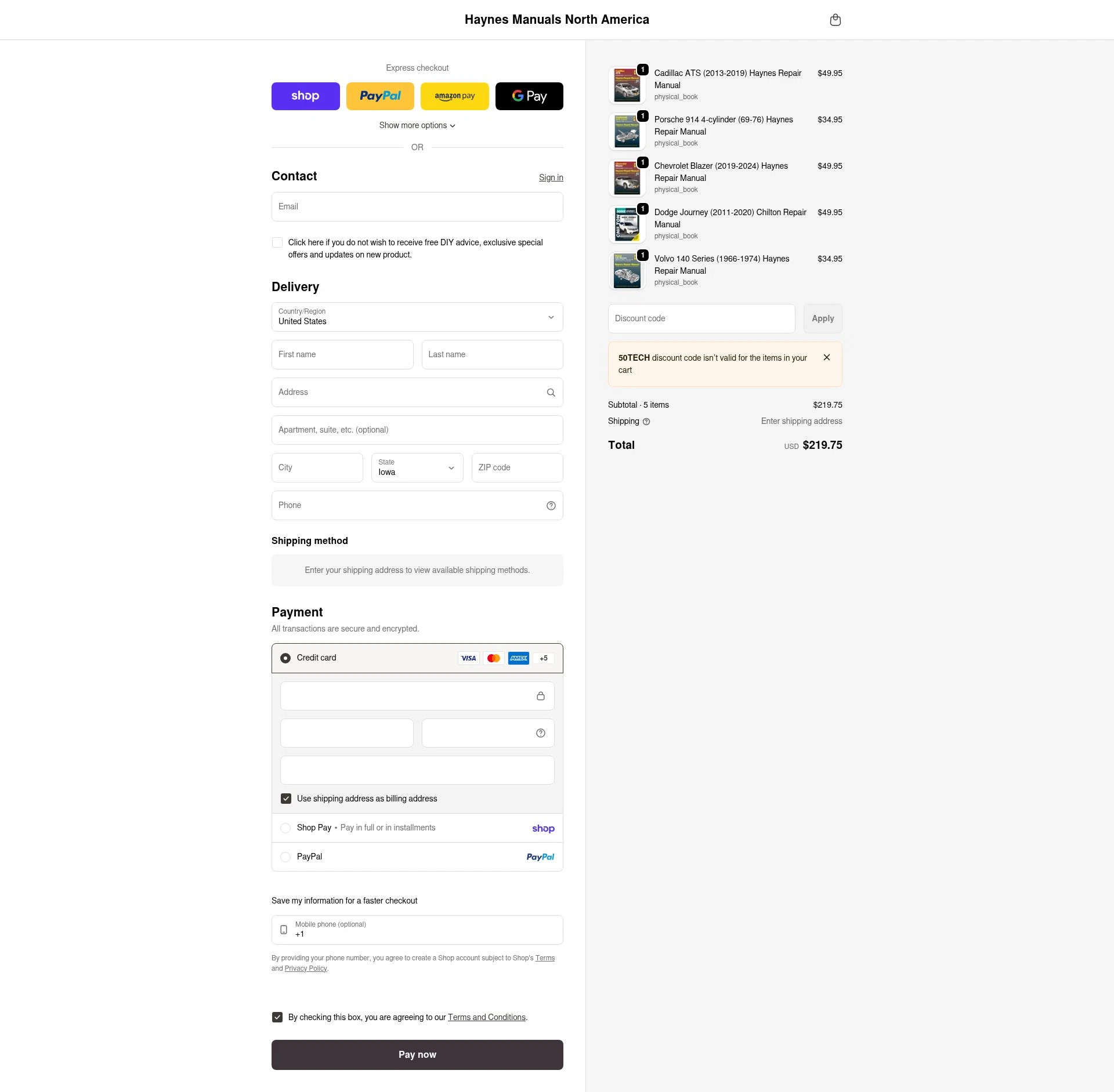 Haynes checkout page showing Haynes coupon code box | Screenshot taken by SimplyCodes community member on Feb 18, 2026
