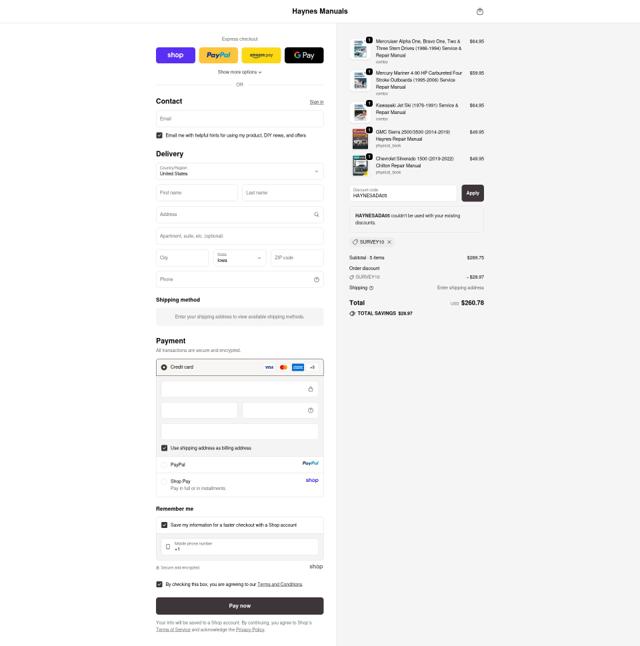 Haynes checkout page showing Haynes coupon code box | Screenshot taken by SimplyCodes community member on Sep 25, 2025