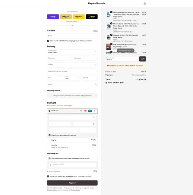 Haynes checkout page showing Haynes coupon code box | Screenshot taken by SimplyCodes community member on Sep 25, 2025