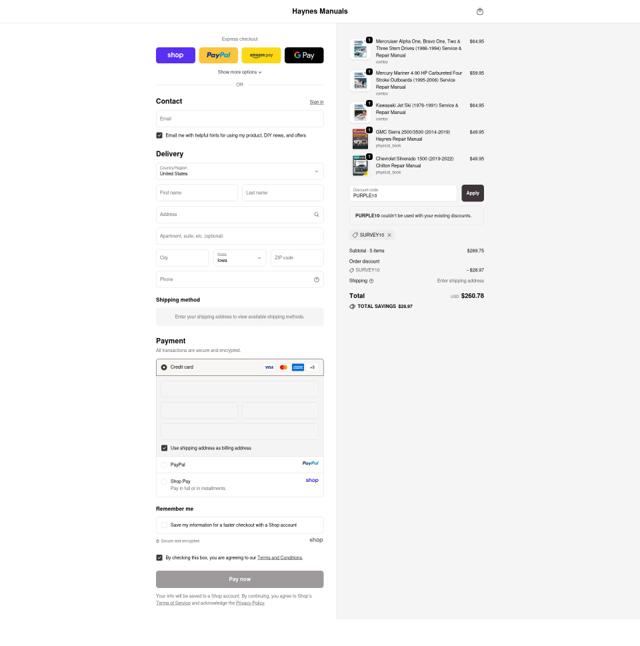 Haynes checkout page showing Haynes coupon code box | Screenshot taken by SimplyCodes community member on Sep 25, 2025