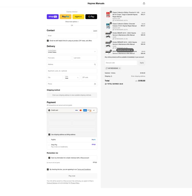 Haynes checkout page showing Haynes coupon code box | Screenshot taken by SimplyCodes community member on Aug 17, 2025