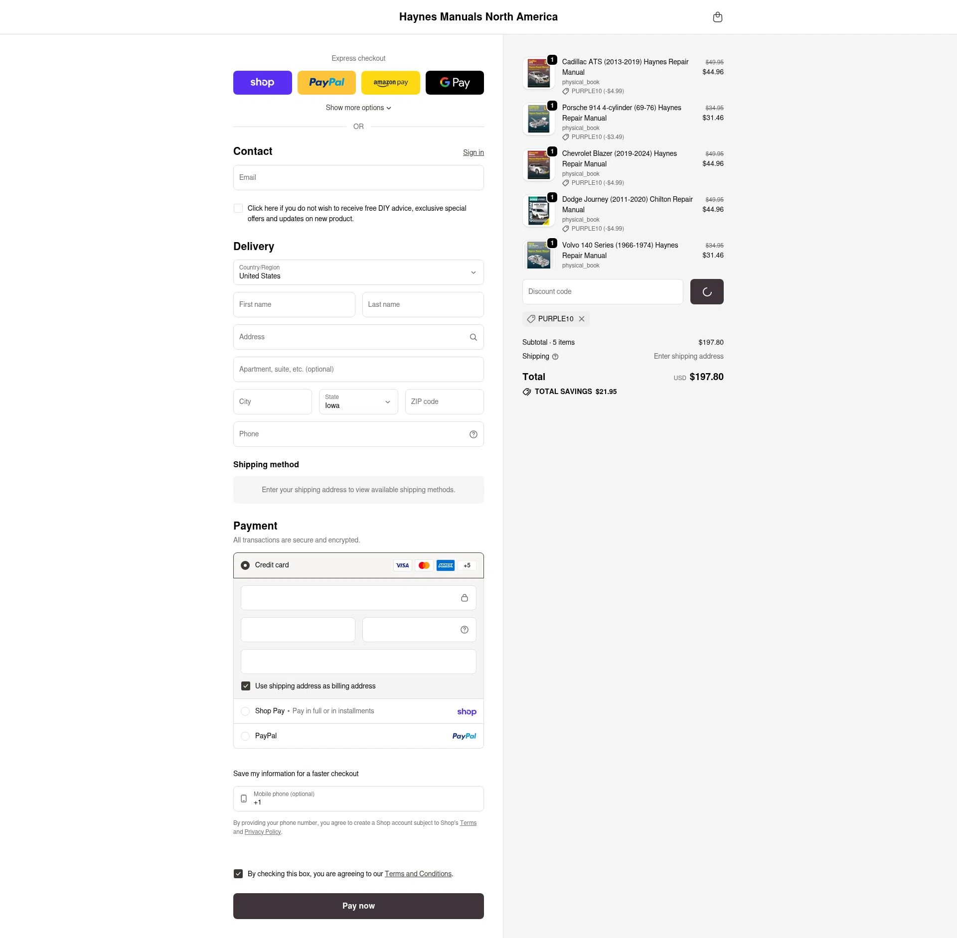 Haynes checkout page showing Haynes coupon code box | Screenshot taken by SimplyCodes community member on Feb 22, 2026