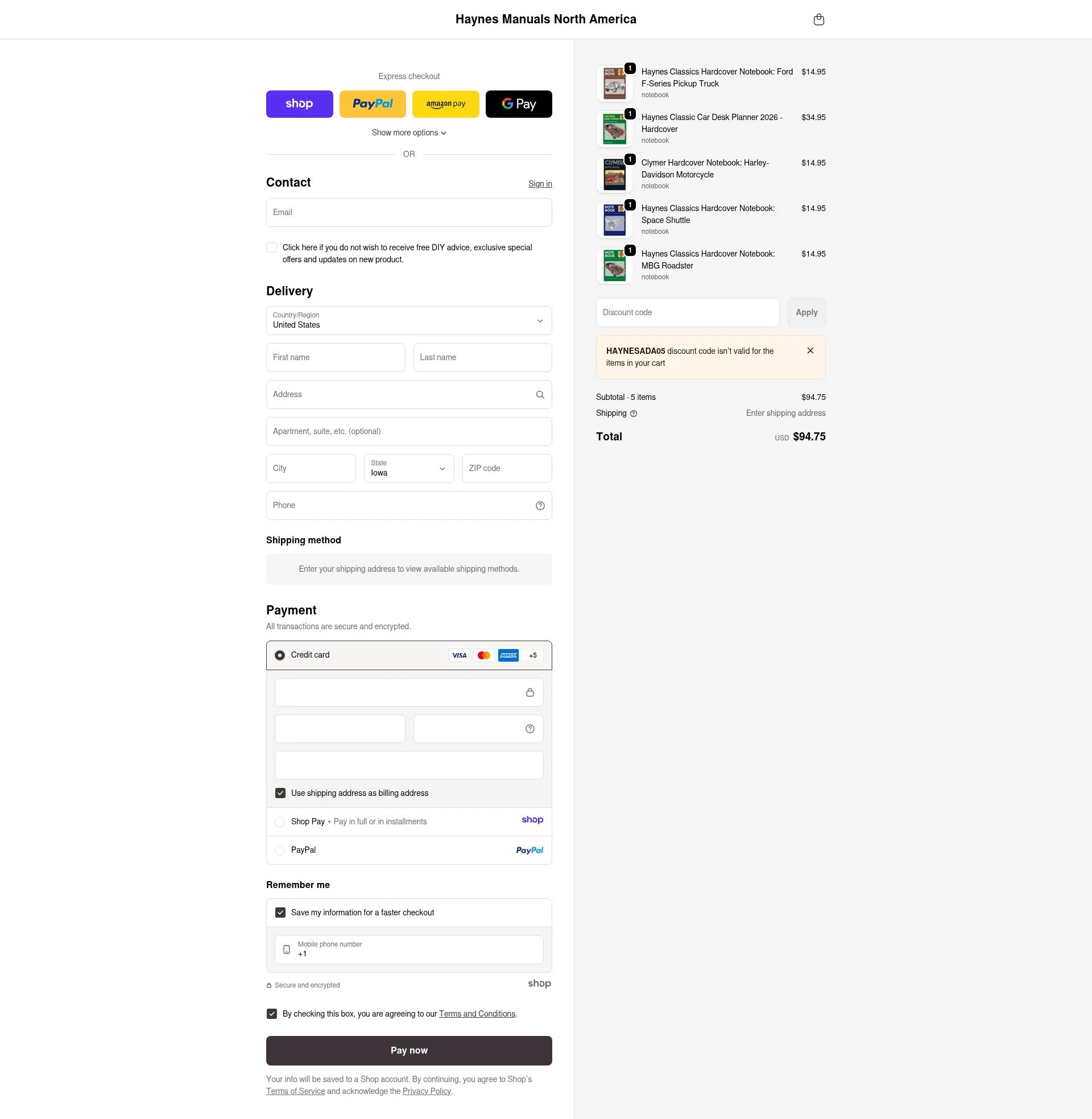 Haynes checkout page showing Haynes coupon code box | Screenshot taken by SimplyCodes community member on Dec 23, 2025