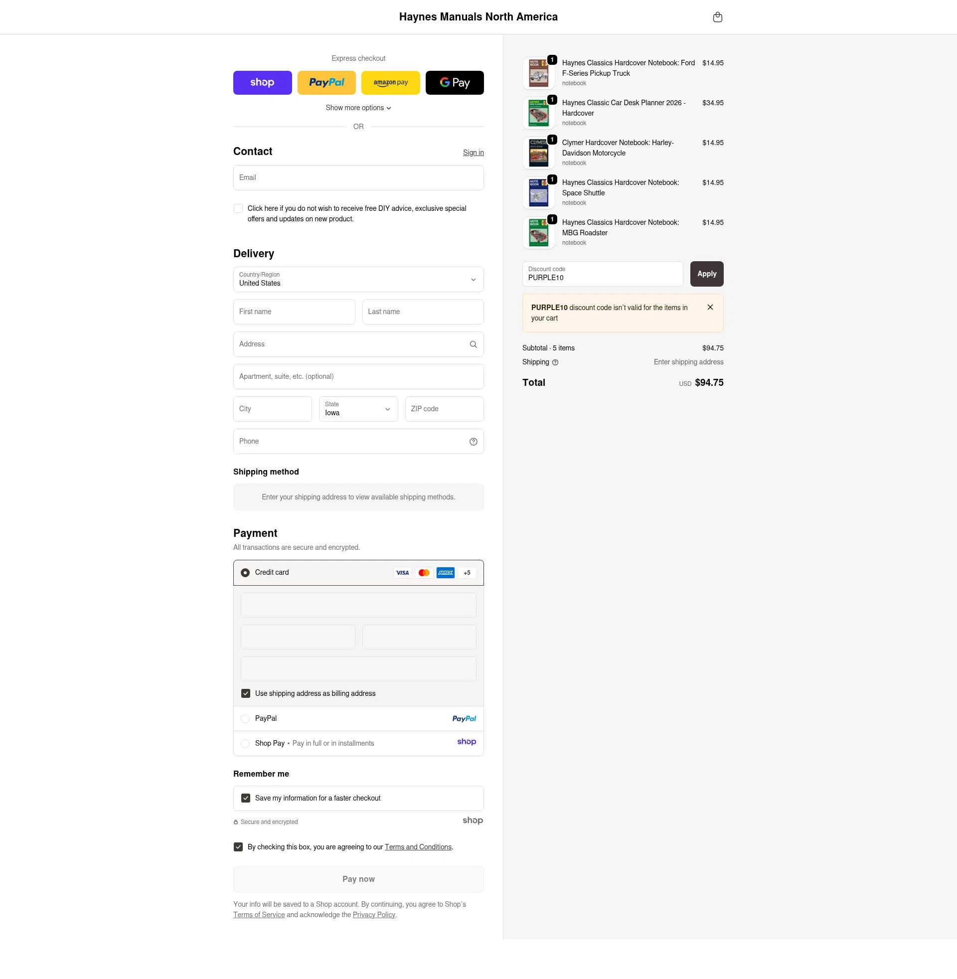 Haynes checkout page showing Haynes coupon code box | Screenshot taken by SimplyCodes community member on Dec 15, 2025