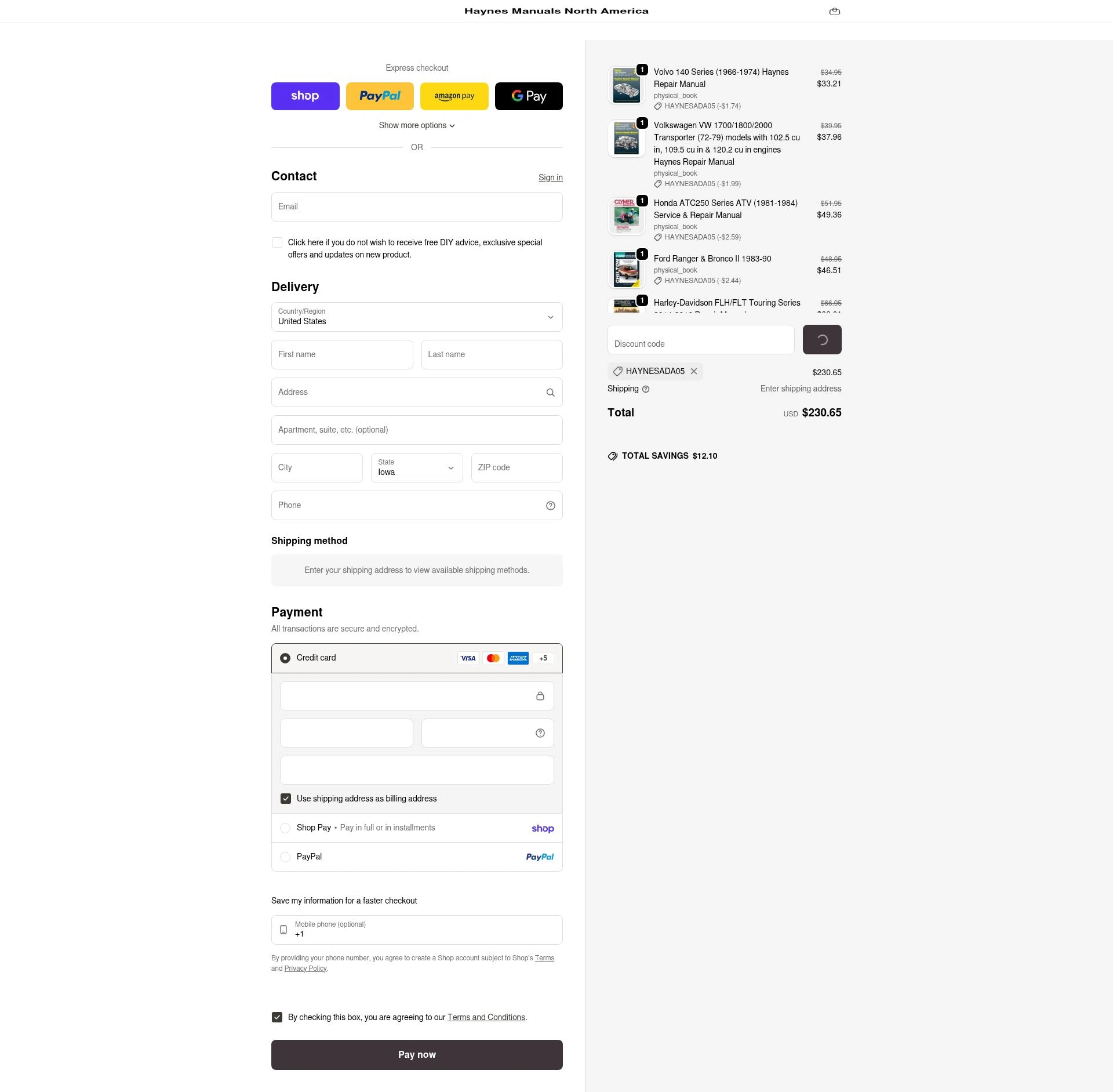 Haynes checkout page showing Haynes coupon code box | Screenshot taken by SimplyCodes community member on Feb 13, 2026
