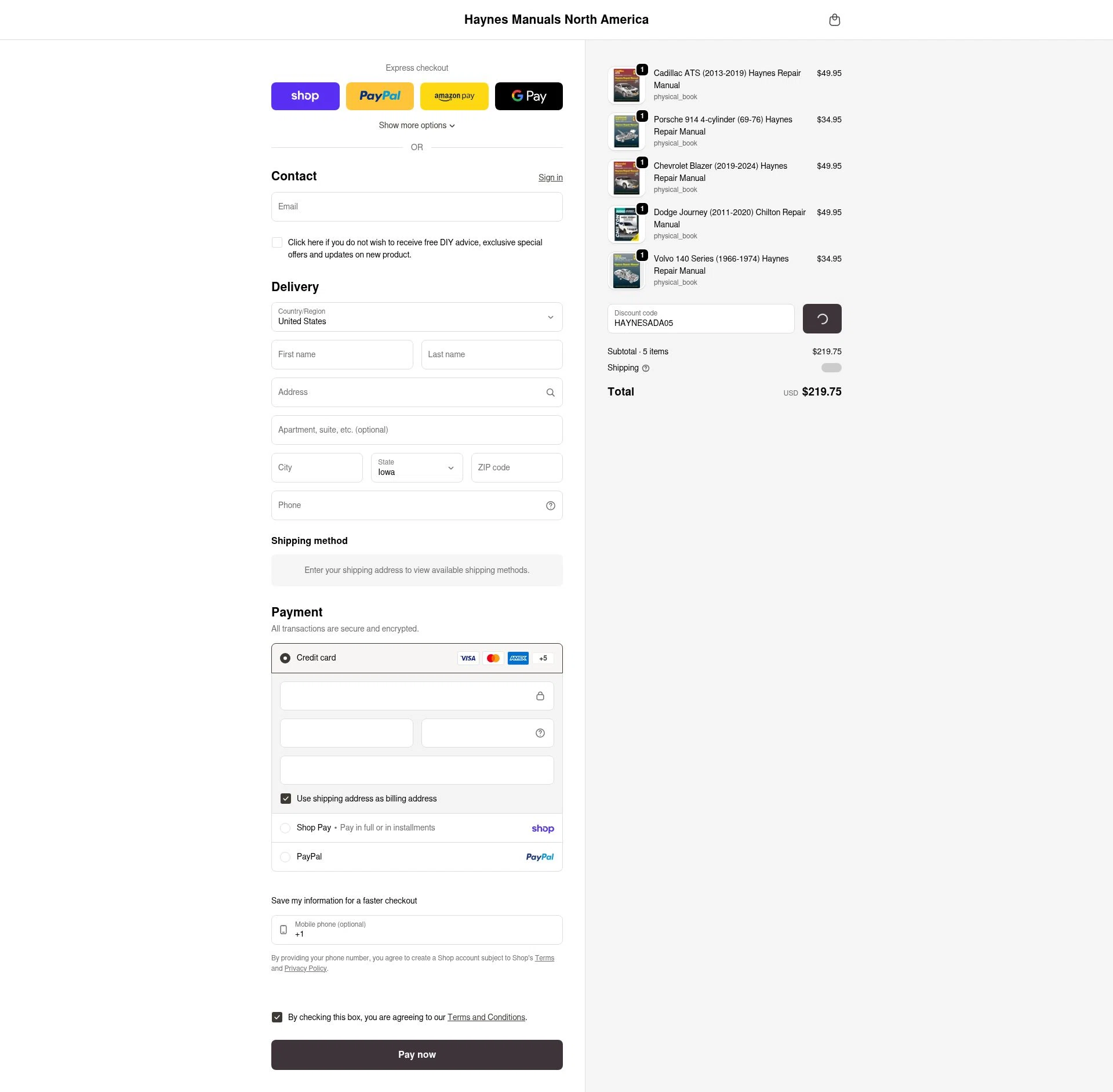 Haynes checkout page showing Haynes coupon code box | Screenshot taken by SimplyCodes community member on Feb 22, 2026